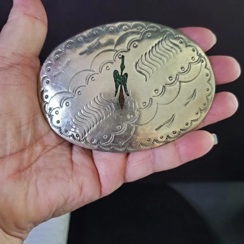 Vintage Southwestern Silver Tone Peyote Bird Chip Inlay Belt Buckle Hand Stamped